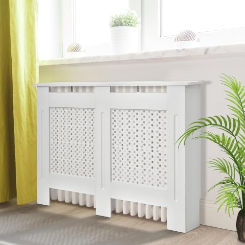 HOMCOM Cubre Radiadores Cubierta para Radiador Moderna 111.5x19x82cm Blanco | MDF, Estante Superior, Listones, para Salón, Dormitorio, Pasillo