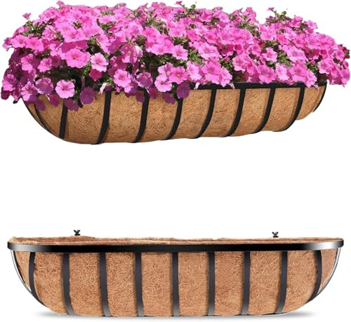 HFHOME Set of 2 Wall Trough Planter, 60.9cm/24in Outdoor Metal Window Box with Coco Liner, Rust-Resistant Floating Planters for Fence Railing & Balcony