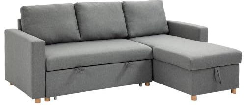 HOMCOM Ecksofa, ausziehbar, 3-Sitzer, anpassbar, Grau | Ottomane wendbar, integrierte Aufbewahrungsbox, 3 Rückenkissen, Stoff in Leinenoptik
