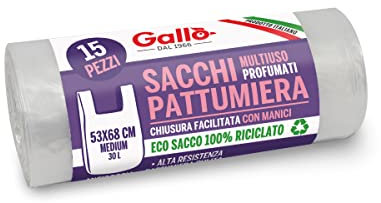 Gallo, 15 bolsas de basura de plástico reciclado, 100% reciclado, 53 x 68 cm, 30 litros, transparentes