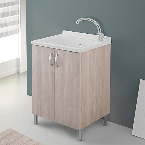 Mobile lavatoio Lavanderia in Legno con Vasca in Resina Resistente agli acidi, Completo di ASSE di Lavaggio e Kit sifone + piletta (Olmo, 60x50 cm 2 Ante)