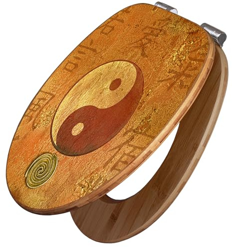 banjado Design WC Sitz Bambus Absenkautomatik 45,8x37,5cm - Toilettendeckel mit Absenkautomatik Holz - hochwertiger Bambus Klodeckel - WC-Sitz für gängigen Toiletten - Motiv Yin Yang