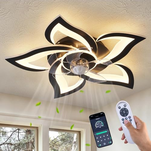 Dalouguan Ceiling Fan with Lights Remote Control, 24 Black, 6 Speeds 3 Light Color Low Profile Flush Mount Ceiling Fan for Kitchen Bedroom