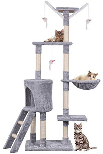 Cat Tree, 145cm Cat Scratching Post Multi-Level Stable Climbing Tower with Ladder, Indoor Pet Activity Furniture Play House for Kitty Kitten