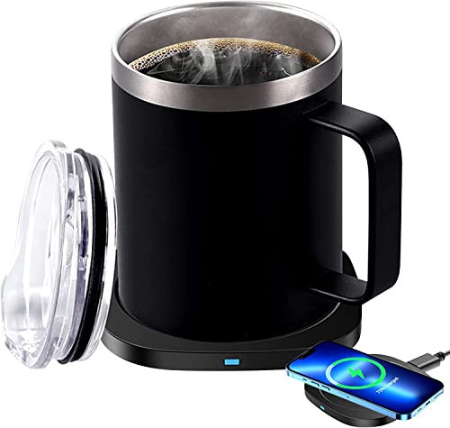 Kaffeetassenwärmer selbsterwärmender Becher mit kabelloser Smart Charging, 300ml Becher aus 304 Edelstahl mit Deckel, perfekt für das Heim Büro, Geschenk für Kaffeeliebhaber, hält bis zu 55 °C
