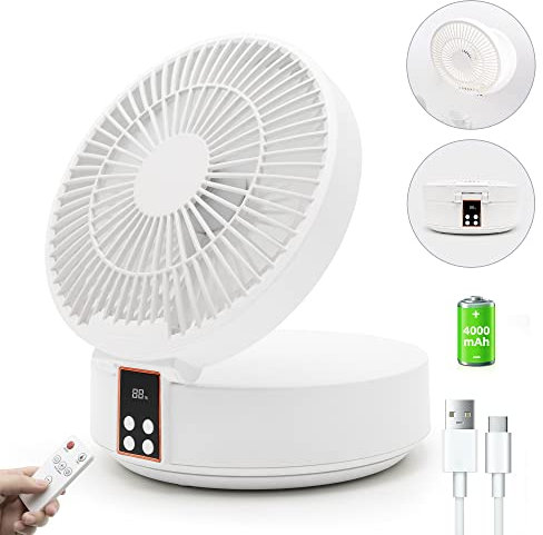 Silent Desk Fan, USB Small Table Fans 4000mAh Rechargeable Battery, Foldable Fan Powerful & Quiet Operation, Remote Control, Auto Oscillation, 6.7 Inch Portable Fan for Home, Office, Outdoor(White)