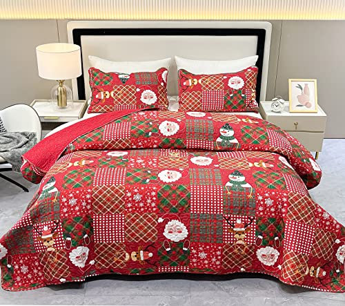 Weihnachts-Steppdecken-Set, King-Size, Patchwork-Tagesdecken-Set, rot, Weihnachtsmann, kariert, gesteppt, Bettdeckenset, leicht, wendbar, genäht, Bettbezug Decke mit Kissenbezug