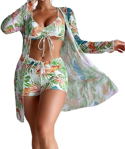 Hxiaen Damen-Badeanzug, 3-teilig, Kordelzug, Bikini-Set, langärmelig, Strand-Abdeckung, Boho-Shorts für Damen, Strand-Bademode, Badebekleidung, Damen-Badehose, lange Länge, grün, 46