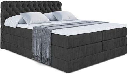 ALTDECOR Boxspringbett mit Matratze und Lattenrost, Topper, Polsterbett mit Bettkasten, Bett mit Stauraum H3- und H4- Matratze, Doppelbett, Springboxbett - BOXI8 King - 160x200 - Schwarz Samt