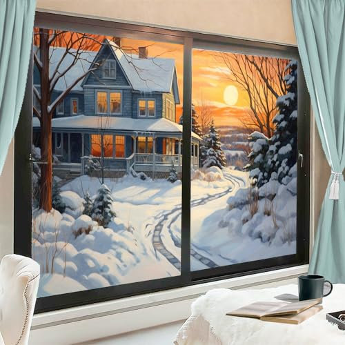 Sunrise Cottage Sichtschutzfolie für Fenster, Vintage, abstrakt, Wald, verschneite Landschaft, Buntglas, Fensterfolie, dekorative Fensterfolie für Fenster und Glastür, Sonnenblockierung, 45 x 60 cm, 2
