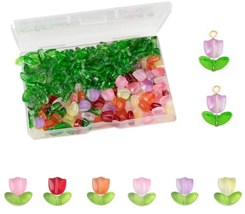 100 Sets (200pcs) Tulip Flower Beads Crystal Glass Beads Loose Bead for Women Jewelry Making DIY Bracelet Necklace Earrings Craft