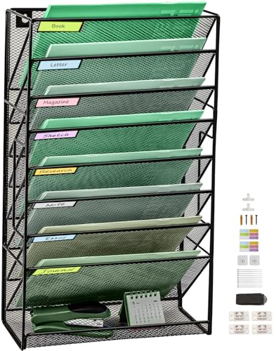 9 nivåer uppgradering nät väggfilhållare organiserare med botten platt bricka, medium nät vertikal hängande filorganisatör, kontor hängande fil mapp tidningsställ, Nametag etikettkrokar set ingår
