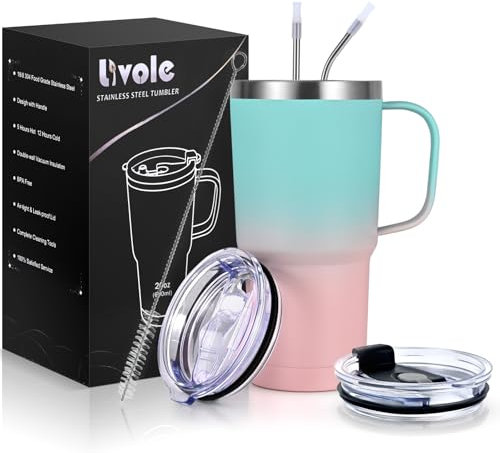 Livole 600ml Thermobecher mit Henkel, Vakuum Kaffeebecher Thermo, Edelstahl Thermobecher mit Strohhalm und Deckel, 20oz Doppelwandig Trinkbecher Reisebecher, Coffee to go Becher, Blau und Rosa