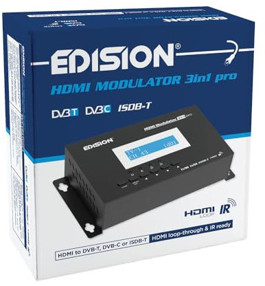 Edision HDMI Modulator 3in1 Pro, Modulateur vers Terrestre DVB-T, ISDB-T ou Câble DVB-C, Distribution Full HD sur Câble Coaxial, HDMI-Loop, RF in, Affichage LCD, Installation Rapide, Plug & Play