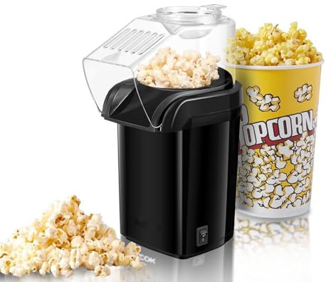 hxoity Fast Hot Air Popcorn Popper Maker Electric Popcorn Kernel Corn Maker 2 Min Fast Popping with Measuring Cup and Butter Melting Tray for Movie Night Kids Party Healthy Snacks(Black)