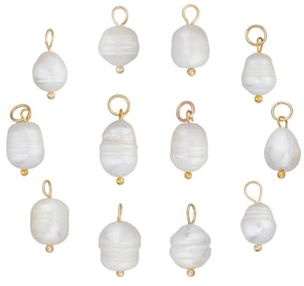 Hobbspring 12pcs Fresh Water Pearl Charms Pearl Pendants Rice Cultured Pearl Charms White Baroque Natural Irregular Pearl Drop Charms Pearl Dangle Pendant with Brass Pins for Earring Bracelet Necklace