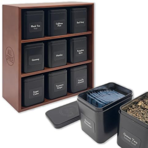 AllSpice Tea Organizer Rack with 9 Tins & 160 Magnetic Labels – Perfect for Bagged & Loose Leaf Tea Organization - Walnut