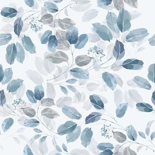 VaryPaper Watercolor Blue Leaf Wallpaper Self Adhesive Patterned Contact Paper 44.5cmx200cm White Sticky Back Plastic Thick Lining Paper for Wall Living Room Bedroom Cupboard Vinyl Wrap for Furniture