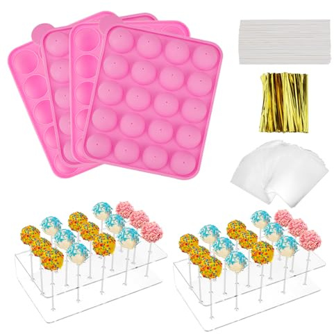 MOAMUN 304 PCS Cake Pop Maker Kit with 2 Cake Pop Stand, 2 Silicone Mold, 300PC Paper Sticks/Clear Bags/Gold Twist Ties, 15 Holes Acrylic Lollipop Hold Stand for Wedding Birthday Party
