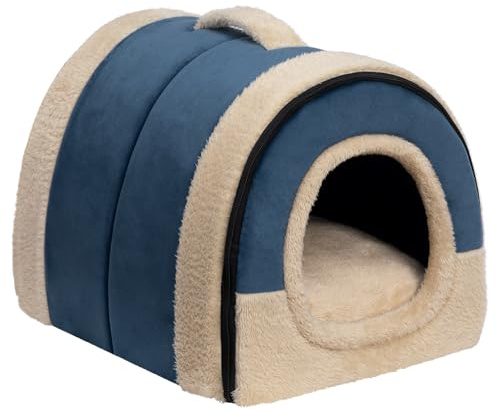Hollypet Katzenbett Kleines Hundebett, 2-in-1 Faltbare Haustierbett | für Katzen & Kleine Hunde, Warmes Höhlennest Kristallsamt-Katzenhöhle Indoor Outdoor, Dunkelblau