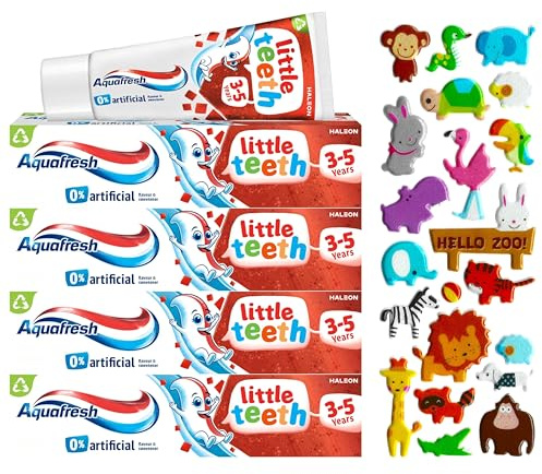 4 Pack Bundle - Multipack - Aquafresh Little Teeth Toothpaste 3-5 Years (4X 50ml). A Hadco Bundle with Our 3D Puffy Sticker Sheet Included (Sticker Sheet Chosen at Random).