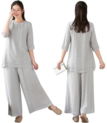 DAYKET Tuta da Donna per Arti Marziali, Uniforme da Tai Chi in Cotone e Lino, Manica Media, Tuta da Kung Fu per Esercizi Mattutini, Meditazione Zen,Grey-M