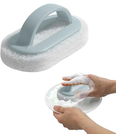 Confezione da 4 spugne abrasive con manico, resistenti e abrasive, riutilizzabili con manico, per piastrelle della doccia, vasca da bagno, lavandino (blu)