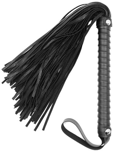 FNSIGHD 48cm Black Leather Riding Whip,Leather Riding Whip with Fringes,Black Whip Prop Novelty Leather Pole Play Whip,for Horses Riding Show Catwoman Fancy Dress Cosplay