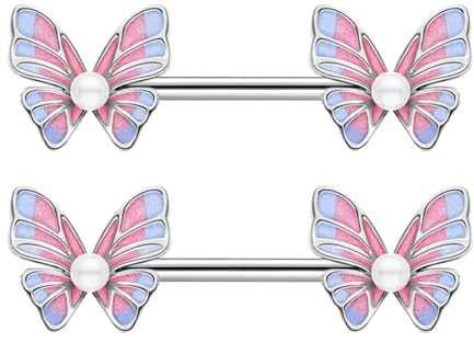 Gojewen 2pcs Anillos para pezón 14mm Rosa Mariposa Acero inoxidable 14G Pezón Piercing Joyería