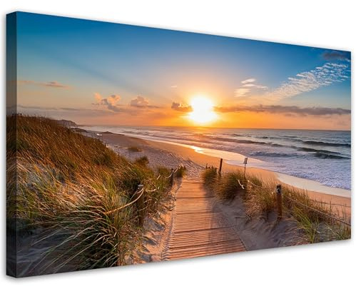 Feeby Leinwand Bilder - Bild Wohnzimmer - Sonnenuntergang am Strand - 120x60 1tlg - Deko Schlafzimmer Groß - Dekoration Canvas - Gemälde - Modern Wandbilder - Kunstdruck