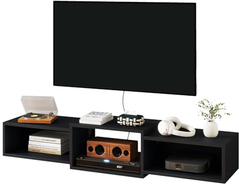 IBUYKE Floating TV Stand Wall Mounted,Wood TV Cabinet Media Console Shelf,Floating TV Unit for Under TV Storage for Living Room Bedroom Office,Black WST013B