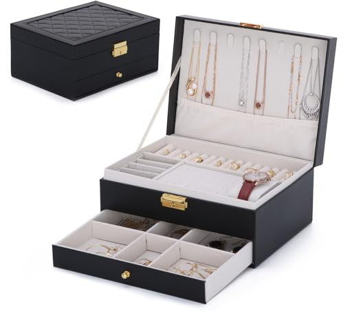 EVEOUT 2-Schicht Schmuckkasten aus Kunstleder Aufbewahrungsbox für Ohrringe, Ringe, Halsketten Vintage Schmuckdose mit Schubladen & Uhrenkissen