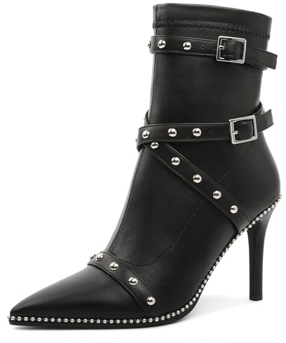 Joseywade Womens Booties And Ankle boots Stiletto High Heel Short Boots 3.5 Inch Beaded Studded Straps Pointed Toe Boots Black Leather Size 9