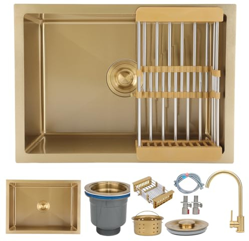 Fregadero de preparación Moderno Dorado de 60 x 40 cm con Grifo, bajo encimera, de Acero Inoxidable, Multifuncional, Esencial para la Cocina, con escurridor de un Solo Recipiente