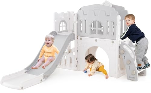 Homasis 9 en 1 Toboganes Infantiles de HDPE con Tobogán en L, Canasta de Baloncesto, Telescopio, Volante, Camino, Túnel y Espacio de Almacenaje, Área de Juegos Interior, a Partir De 1 Año (Blanco)