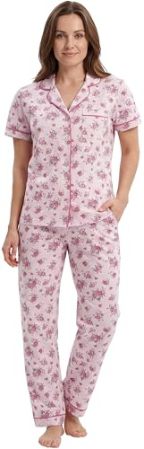 iceBoo Women’s 100% Cotton Pyjama Set Short Sleeve Button Through Top with Pocket and Full Length Bottoms with Side Pockets Pink Floral Print, WP92 - Size UK adult 14/16