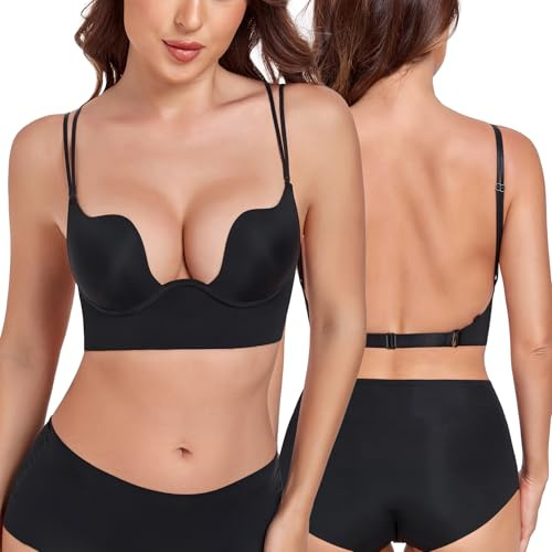 Lemorosy Women's Backless Push Up Low Cut Convertible Multiway Underwire Padded Bra(Black Double Strap,32B)