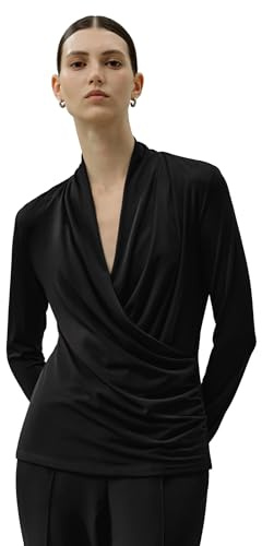 LilySilk Damen Seide Breeze Jersey Wickelbluse Weiches Dehnbares mit Langarm V Ausschnitt Wickelstyle für Jeden Tag Basic Wickeltop Langarmshirts Tshirt Langarmshirt Schwarz L
