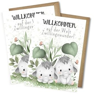 WBdesingz Glückwunschkarten zur Geburt von Zwillingen - Bezaubernde Geschenkkarten Willkommen auf der Welt Zwillingswunder Zwillingskarten mit Babyglückwünschen mit Umschlägen (DIN A6)