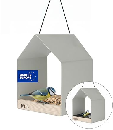 LIVLIG Vogelhaus Metall Greige, Premium Vogelfutterhaus zum Aufhängen | Schönes 2in1 Design als Futterhaus & Vogeltränke, Wetterfester Futterspender für Vögel, ideal für ganzjährige Nutzung