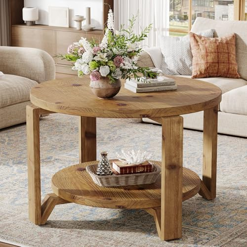 Tribesigns Table Basse Ronde en Bois Massif, 80cm Table Basse Campagnard à 2 Niveaux avec étagères de Rangement, Accent Moderne en Bois Central, Table D'appoint pour Salon, Bureau à Domicile, Brun