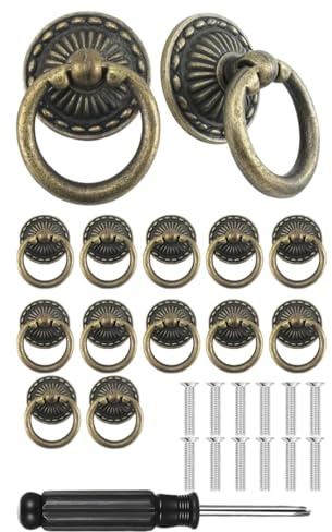 Joyawadori 12PCS Drawer Knobs, Antique Brass Door Handles, Drawer Handles with Matching Screws & Screwdriver Cabinet Knobs for Cupboards Wardrobe Furniture