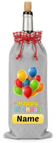 Personalisierter Flaschenbeutel „Happy Birthday“ aus Filz mit Namen – Geschenkverpackung für Weinflasche & Sekt, edler Geschenkbeutel mit roter Bordüre, 15×38 cm