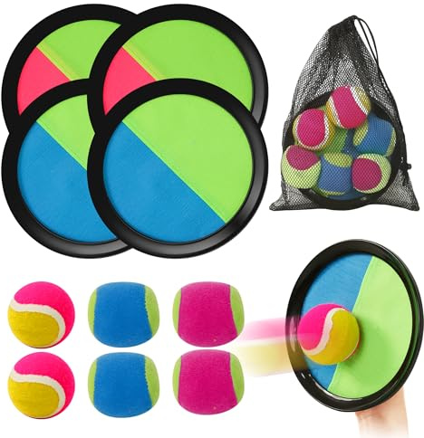 Toss and Catch Ball Set, Garden Beach Toy Gmae with 4 Sticky Paddles, 6 Balls, Storage Bag, Ball and Catch Game Outdoor Family Toy for Lawn, Park Games, Develops Hand-eye Coordination for Kids Adults