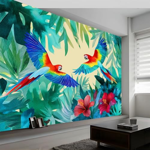 Generico 250 x 175 cm Carta Da Parati Fotografica Verde, Dipinto Ad Acquerello Foglie Fiori E Uccelli Carta da parati fotografica in tessuto non tessuto per soggiorno, carta da, Decorazione Da Muro