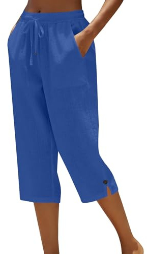 Pantaloni Donna 3/4 Lino Vita Alta Elasticizzati con Tasche e Spacchi Laterali Abbottonati, Pantaloni Capri Estivi Leggeri Traspiranti alla Caviglia, Casual Largo Comodo da Ufficio Svago Spiaggia