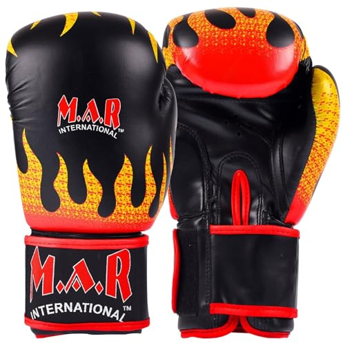 Boxing & Kickboxing Gloves, for Men Women & Kids Faux Leather Thumb Lock Sparring Training Bag Work Gloves MMA, Muay Thai, Martial Arts Breathable & Durable Fire Flames Print Design Black Red 8oz
