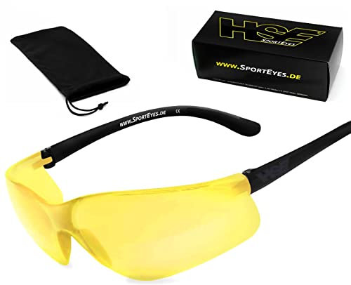 HSE® SportEyes® | UV400 Schutzfilter, HLT® Kunststoff-Sicherheitsglas nach DIN EN 166 | Sportbrille, Radbrille, Sonnenbrille| Brillengestell: schwarz, Brille: DEFENDER 1.0 (xenolit® (gelb))