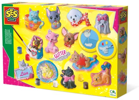 SES Creative Kit Moulage et Peinture Chiens et Chats | Activité manuelle | 12 animaux | Paillettes | pour les enfants | à partir de 5 ans Plusieurs couleurs | Moule, 6 peintures, pinceau et paillettes