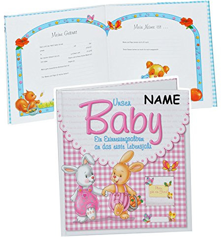 alles-meine.de GmbH Erinnerungsalbum Baby incl. Namen - an das erste Lebensjahr - für Mädchen - erste Fotos - Gebunden - Babyalbum Kinderalbum - rosa pink Babys Neugeborene zur G..